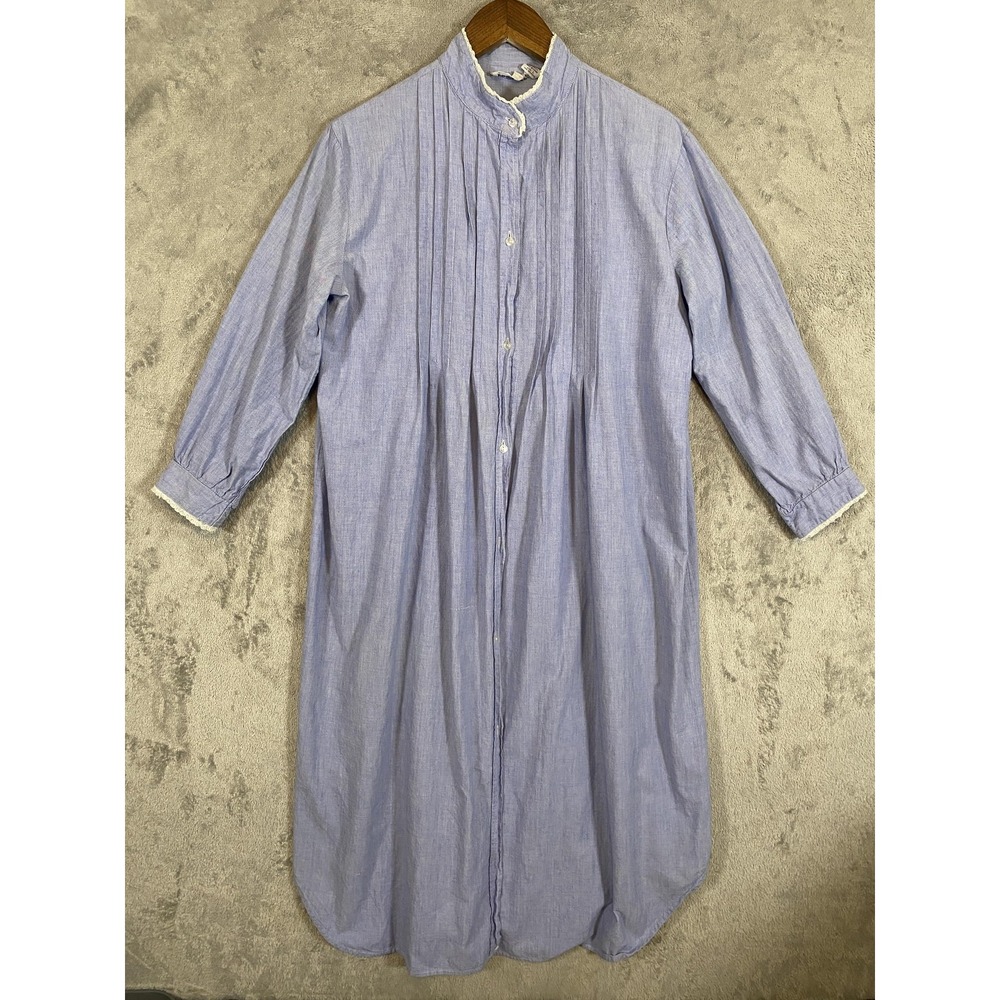 Lewis Frimel Nightgown Womens Sz L Blue Chambray Pintuck‎ Button Front Lace Trim
